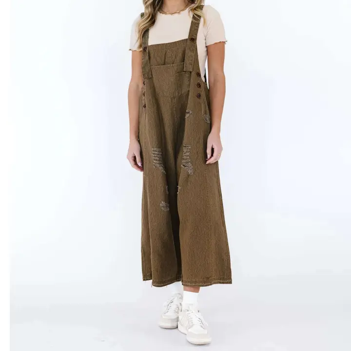 Monos de Denim Barril para Mujeres Pantalones de Cuero Ancho con Bolsillos - 1
