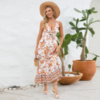 Vestidos largos bohemios para mujer, cuello en V, sin mangas, cintura alta, Maxi, estampado naranja, playa, S - details 6