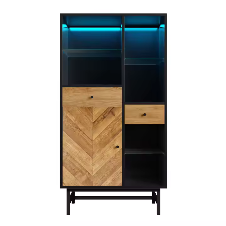 Vitrina, Vitrina mit 12-farbigem LED-Lichtband, Küchenschrank mit Schubladen y Glasböden, dreieckige Holzmaserung - 1
