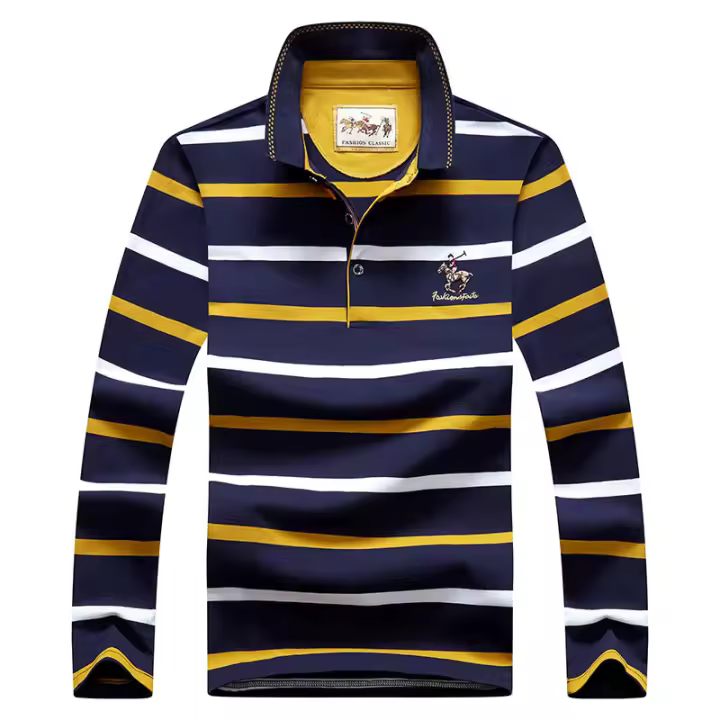 Polo de manga larga para hombre, Camiseta de algodón con bordado a rayas, informal, a la moda, novedad de primavera, 2024 - 1