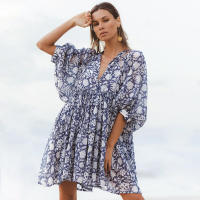 Vestido corto de vacaciones de playa de rayón informal suelto con lazo floral para mujer de moda de verano - details 35