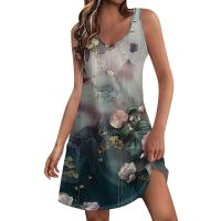 Vestido de verano sin mangas con cuello en V y bolsillos para mujer, estilo bohemio, informal, con estampado - details 5