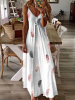 Vestido Largo De Corte Ancho Con Estampado De Plumas Y Cuello En V Sin Mangas Para Mujer Vestido Elegante Para El Escritorio Estilo Verano - details 12