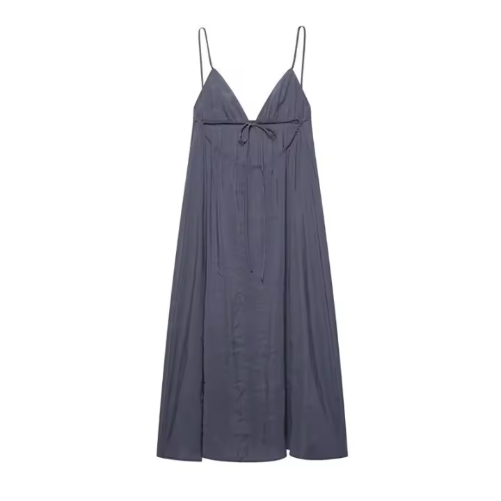 Vestido Midi Holgado con Cordones Moda para Mujer Ouwu Elegante con Cuello en V y Espalda Descubierta Gris - 1