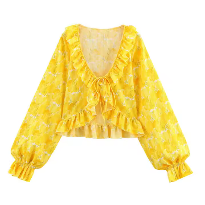 OUWU- 2025, Novedad De Verano, Producto, Ropa De Mujer, Moda Francesa, Decoración Apilada, Cuello En V, Manga Trompeta, Camisa, Top - 1