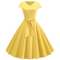 Women summer vintage with belt short sleeve v neck elegant retro swing party dresses - details 10