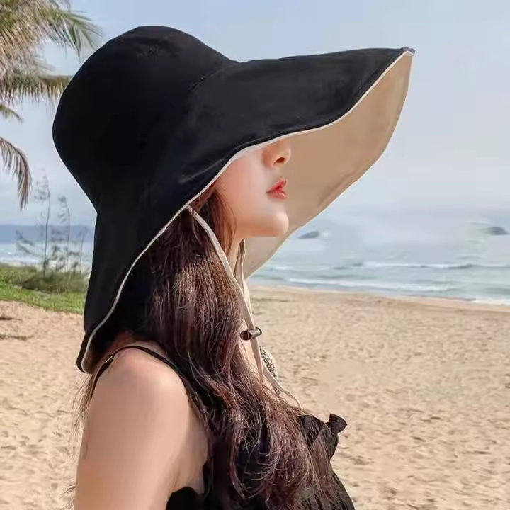 Sombrero informal de ala ancha con protección solar para mujer, sombrero de pescador con protección UV de Color sólido, sombrero de cubo para senderismo plegable de doble cara para niña - 1