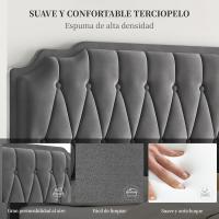Marco de cama con cabecera tapizada, altura ajustable, soporte de láminas de madera y patas metálicas, color gris oscuro. - details 35