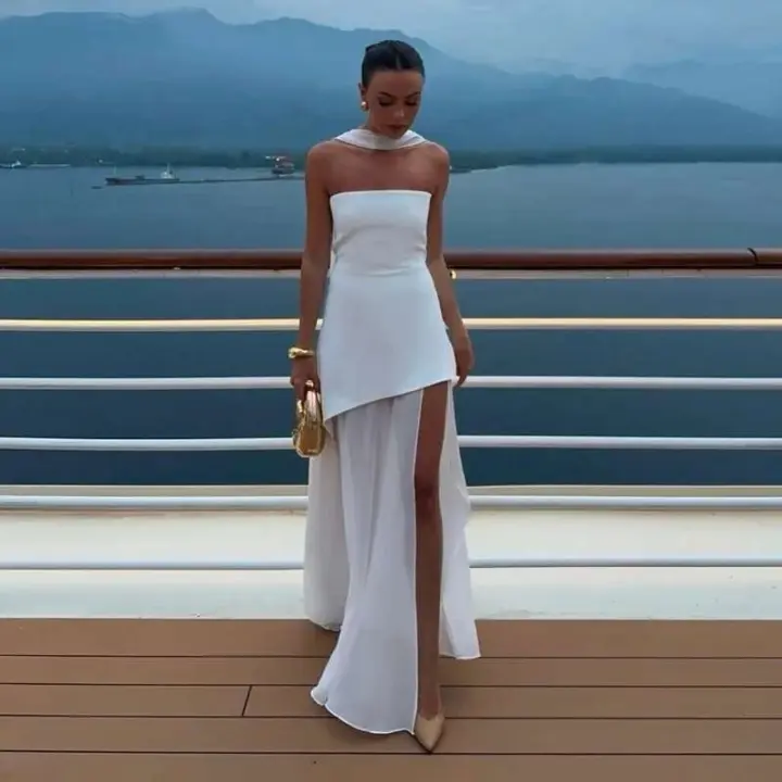Vestido largo ajustado con hombros descubiertos para mujer, elegante, con dobladillo Irregular y bufanda, a la moda, sin mangas, Espalda descubierta, novedad de 2025 - 1