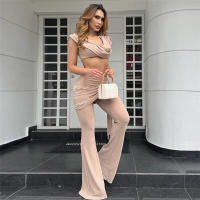 BUNO-Conjunto elegante de 2 piezas con pliegues de gato extraño para mujer, Tops cortos sexis sin mangas con cuello bajo + Pantalones rectos con borlas de cintura Irregular, traje liso - details 26