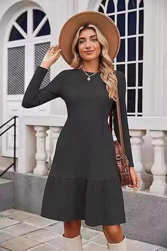 Vestido de manga larga con suéter hasta la rodilla informal con bolsillo y cuello redondo para mujer - 1