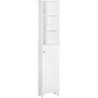 Armario Alto de Baño con 1 Puerta 3 Estantes Abiertos y Balda Interior Ajustable Mueble Auxiliar de Almacenaje para Salón Aseo Dormitorio 34x20x165 cm Blanco - details 0