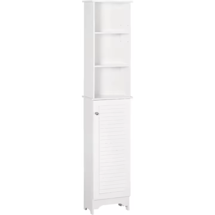 Armario Alto de Baño con 1 Puerta 3 Estantes Abiertos y Balda Interior Ajustable Mueble Auxiliar de Almacenaje para Salón Aseo Dormitorio 34x20x165 cm Blanco - 1