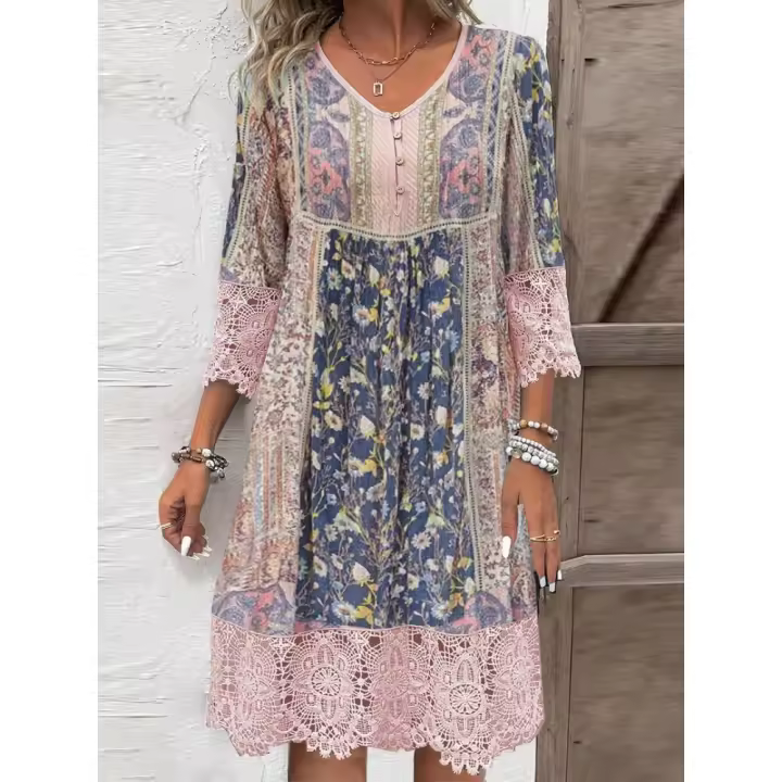 Vestido de Encaje Estampado Vintage de Verano Moda para Mujeres - 1