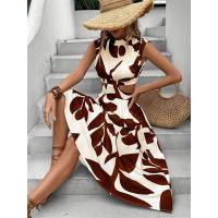 Vestido largo de mujer con estampado floral de plantas, cuello redondo, manga corta y cintura alta para el verano de 2024 - details 9