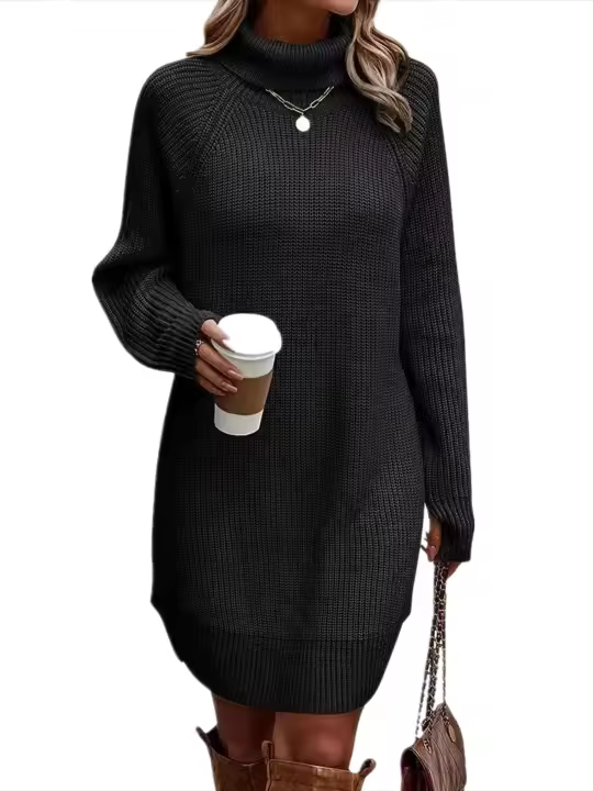 Vestido de punto elegante para mujer cuello redondo, color sólido, estilo elegante - 1