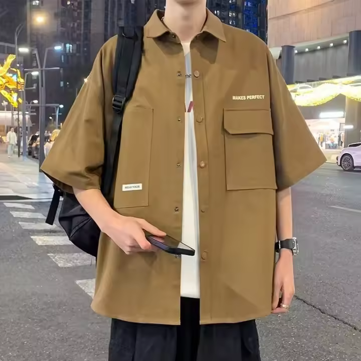 Camisa de media manga con diseño de botones sueltos para hombre, camisa de manga corta a la moda de verano para adolescentes, japonesa, fresca - 1