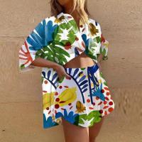 Conjunto de Playa de Verano para Mujer Blusa de Manga Corta con Solapa, Conjunto Corto de Dos Piezas con Cintura Elástica, Estampado de Estilo de Vocación - details 1