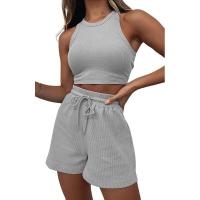 Conjunto de dos piezas de verano para mujer, chaleco sin mangas de color sólido con textura gofre y pantalones cortos casuales de moda. - details 40