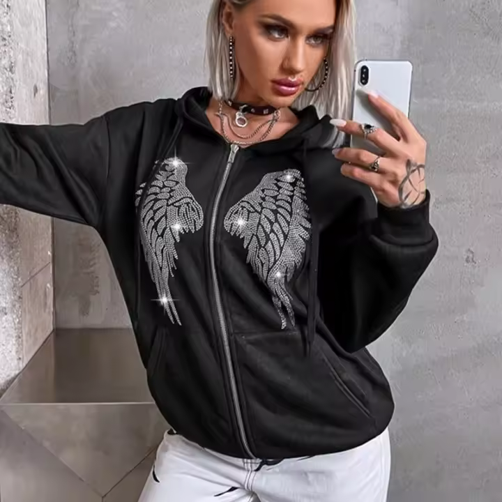 Nueva ropa de mujer Ins Otoño Invierno Y2k sudadera con capucha holgada con alas de doble cara y diamantes de imitación - 1