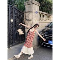 Dos vestidos camisola de encaje a cuadros falsos, estilo de vacaciones junto al mar de verano para mujer, sentido del diseño, falda larga de nicho - details 20