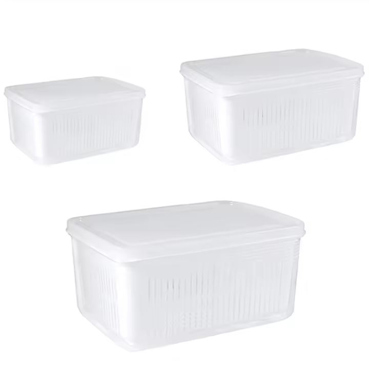 Contenedor de almacenamiento de alimentos para nevera, contenedor de almacenamiento de verduras frescas con colador, congelador apilable de alimentos, paquete de 3 - 1