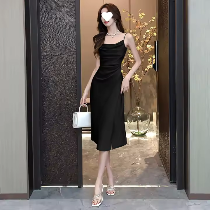 Vestido Camisola de Saturina Irregular de Cintura Alta Adelgazante, Elegante, Sensación de Lujo Ligero - 1