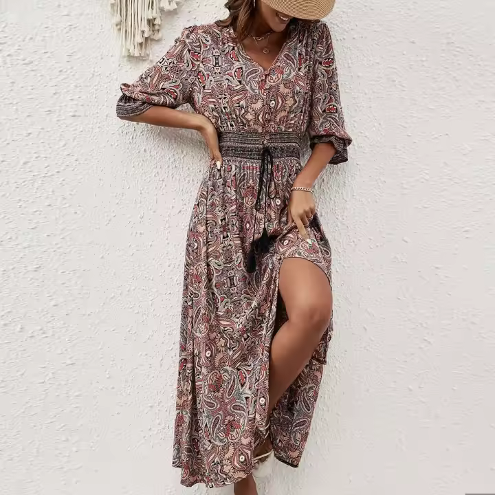 Novedad de verano, vestido bohemio de viaje para vacaciones y playa con cuello en V y mangas tres cuartos con mangas acampanadas y lazo en la cintura - 1