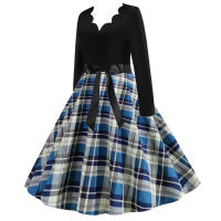 Women plaid print long sleeve vintage a line party dress v neck - details 32