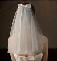 Velo corto nupcial para boda, tul de dos capas, lazo de satén, hombro blanco, hecho a mano, tocado para novias - details 1