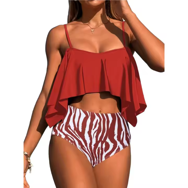 Conjunto de bikini de cintura alta para mujer, traje de baño con volantes de dos piezas, traje de baño con control de barriga, traje de baño estampado - 1