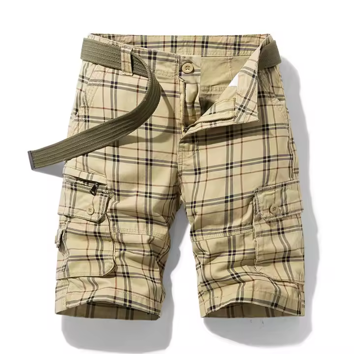 Pantalones Cortos de Verano de Algodón para Hombres Ropa de Trabajo Casual Deportiva con Cinco Minutos Estilo Simple Pantalones de Cuadrícula Adelgazados con Múltiples Bolsillos - 1