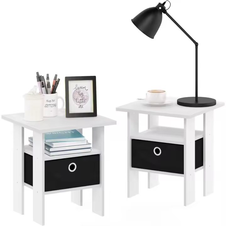mesita de Noche, Mesa Auxiliar, Madera de ingeniería, Blanco/Negro, Paquete de 2 - 1