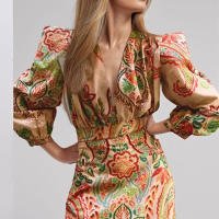 2025 primavera nueva ropa de mujer estilo europeo y americano cuello en V cintura de manga larga diseño delgado vestido en forma de A mujeres - details 2