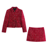 TRAFZA-Conjunto de 2 piezas para mujer, chaqueta con textura roja, solapa de bolsillo de botonadura única, abrigo y culotte con cremallera lateral de cintura alta - details 2