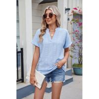 BUNO-2025 Blusas informales para mujer, camisas holgadas de manga corta con cuello de pico de Jacquard bordado a la moda, Tops elegantes de colores sólidos para verano - details 4