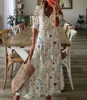 Vestido largo bohemio de verano para mujer, vestidos Vintage con estampado ral y manga con cuello en V, vestido de playa holgado informal con cordón para mujer - details 8