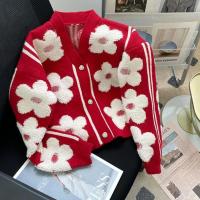 Flor flocada Nuevo cárdigan de punto rojo diseño de mujer nuevo suéter elegante de gama alta con cuello en V abrigo suéter - details 16