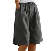 Pantalones Cortos de Lino y Algodón para Mujer Color Sólido, Cintura Suelta, Bolsillo, Botón, Moda Casual - details 5
