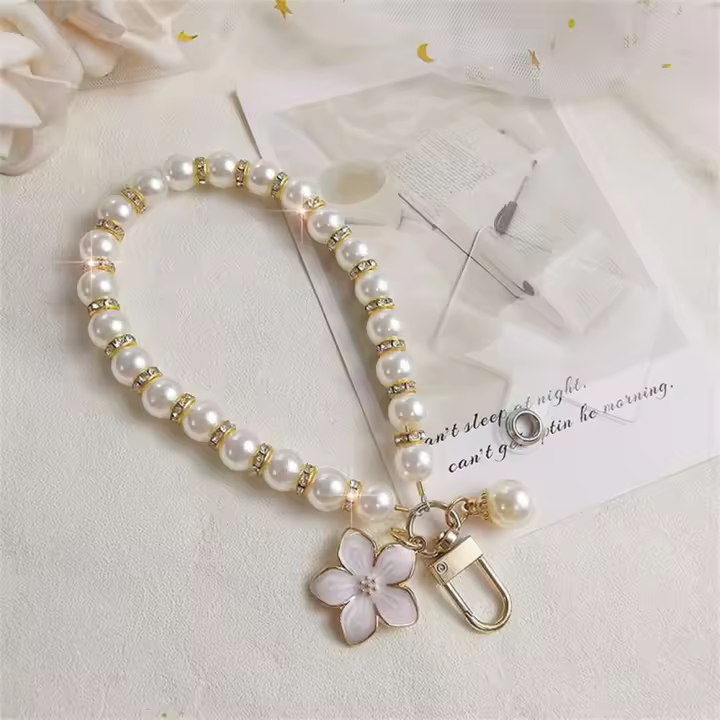 Cordón para teléfono móvil con perlas a la moda, pulsera, cadena antipérdida, correa para teléfono móvil, correa para muñeca corta con flores, accesorios para teléfono - 1