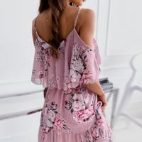 Vestido de gasa con volantes para mujer, sexy, sin mangas, estampado, fuera del hombro - details 3