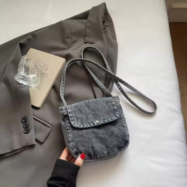 Bolso de lona vaquero informal Y2K, bolso Vintage de gran capacidad estilo callejero, bolso de compras, bolso cruzado sólido de Color sólido para mujeres y hombres - 1