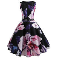 Floral print summer women  vintage elegant swing party a line dress - details 12