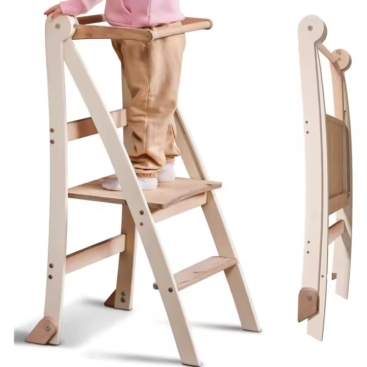 Silla de Madera Montessori Ahorradora de Espacio Torre Plegable, Taburete para Niños, Escalera Plegable para Niños Protección Antivuelcos - 1