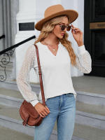 Camiseta holgada de manga larga para mujer, blusa informal de Color liso con costura de encaje y cuello en V, moda de primavera y otoño, 2023 - details 21
