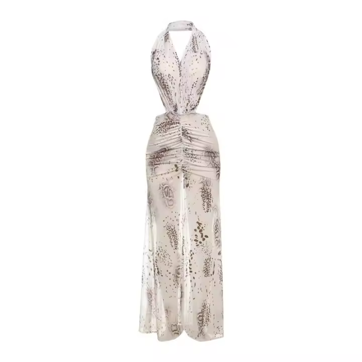BUNO-Vestido con estampado de almazuela de gato extraño para mujer, vestido Halter con cuello bajo y espalda descubierta fruncido, vestido largo ajustado para fiesta en la playa a la moda para vacaciones - 1