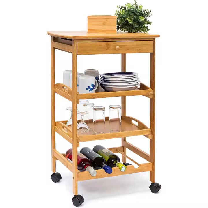 Ruedas, 80,5x50x37cm, Verdulero, Carro Cocina, Cajón y 2 Estantes, Bambú, Marrón Natural - 1