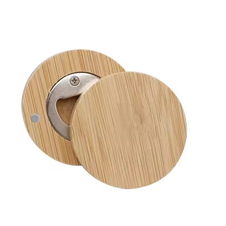 Abrebotellas de bambú redondo, abridor de botellas de madera maciza Simple, imán de controlador de lata para refrigerador, abridor de cerveza de bambú para el hogar - 1