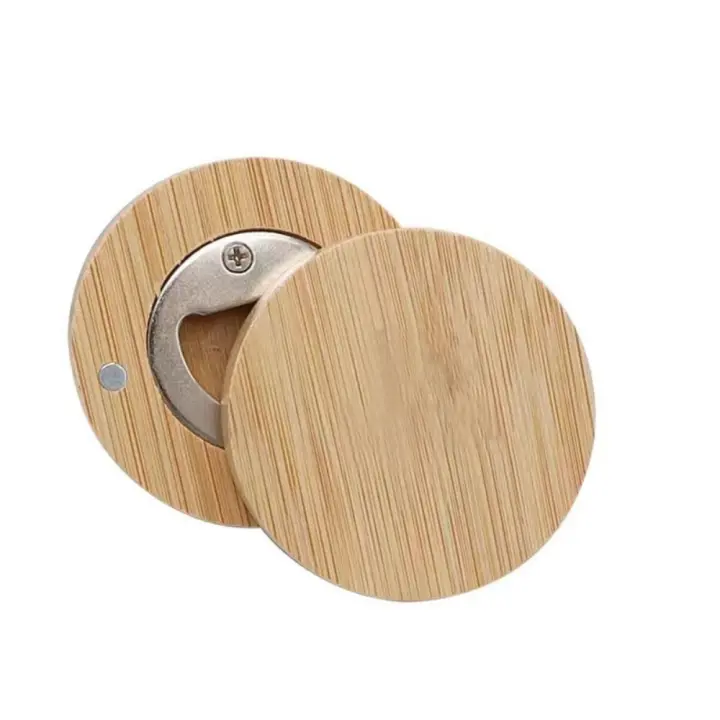 Abrebotellas de bambú redondo, abridor de botellas de madera maciza Simple, imán de controlador de lata para refrigerador, abridor de cerveza de bambú para el hogar - 1
