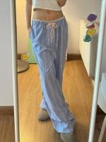 Pantalones holgados de pierna recta a rayas para mujer, moda coreana, cintura elástica, empalme de encaje, pantalones femeninos - details 5